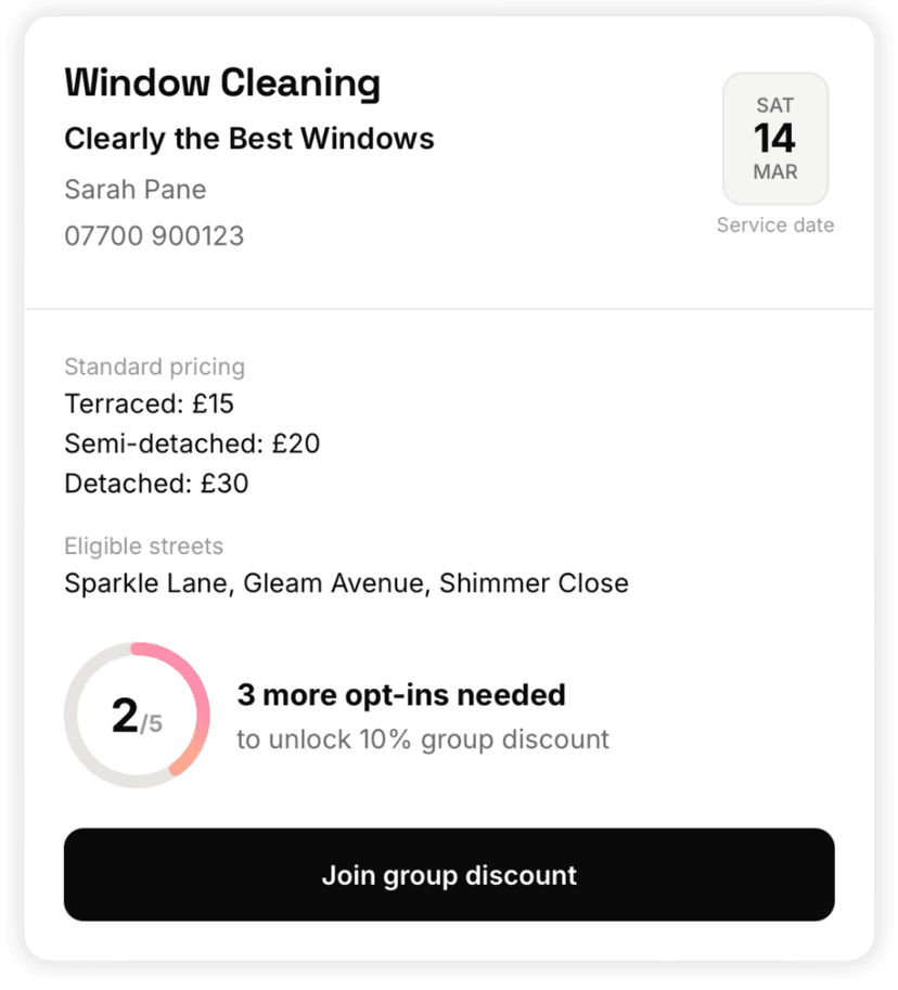 A Sweet Street offer page showing service details and group discount progress