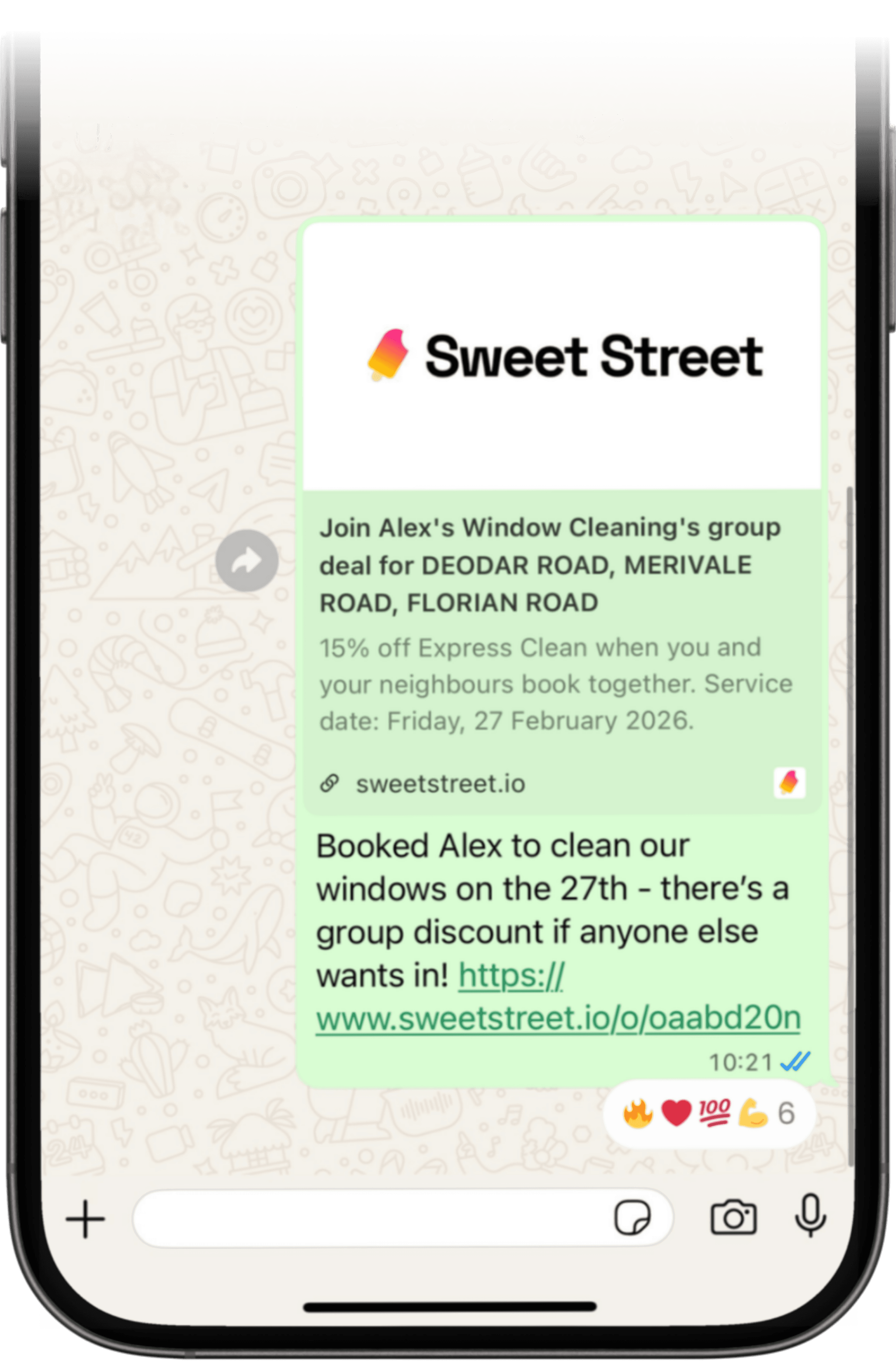 A phone showing a Sweet Street offer shared on WhatsApp